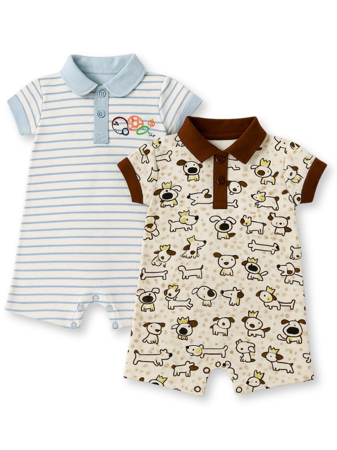 Tuddybuddy 100% Cotton Romper/Jumpsuit/Bodysuit Set For Baby (Pack Of 2 Playsuits  Blue Stripes & White Puppy, 03 Months)
