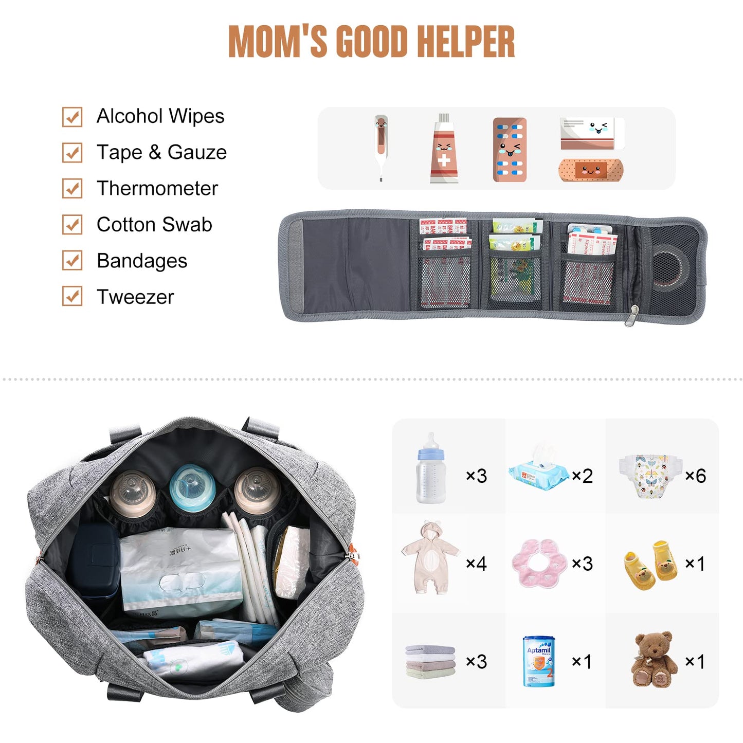 Lovevook Diaper Bag Tote, Large Baby Tote Bag, Travel Diaper Tote For Mom And Dad With Changing Pad And First Aid Bag, Light Gre