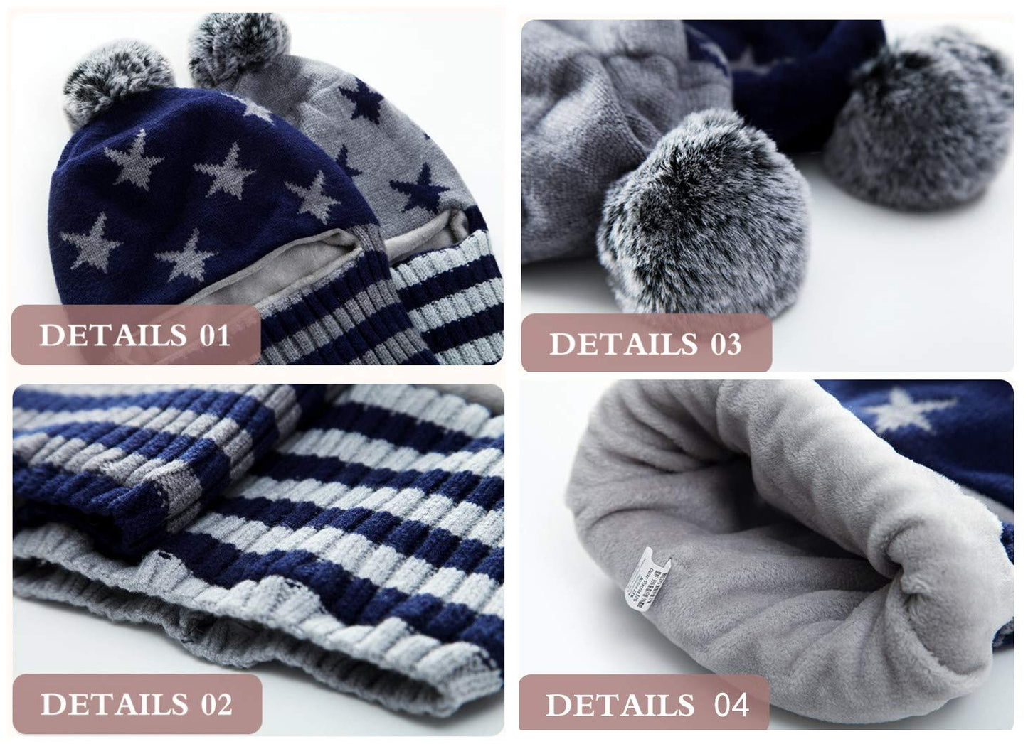 Baby Winter Hat Scarf Mitten Set, Unisex Infant Toddler Kids Hat Scarf (Navy+Grey Stars, 2-5T)