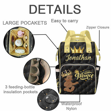 M Yescustom Custom Name Baby Bags For Dad Mom, Personalized Black Crown Diaper Bag Backpack With Stroller Straps Large Capacity