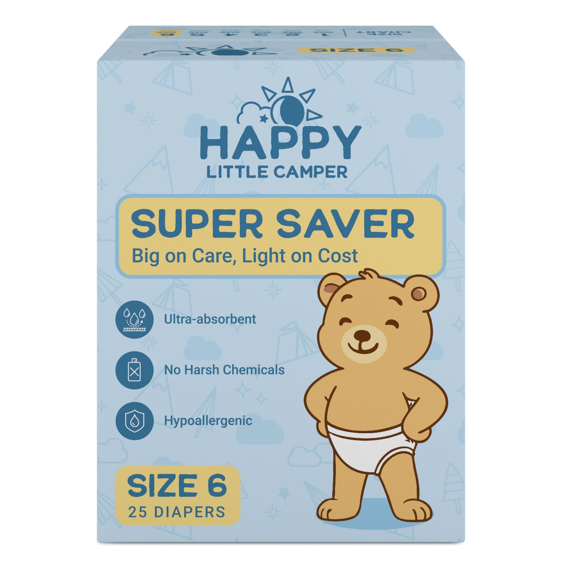 Happy Little Camper Super Saver Diapers, Size 6, 25 Count | Budget-Friendly Disposable Baby Diapers for Sensitive Skin | Hypoall