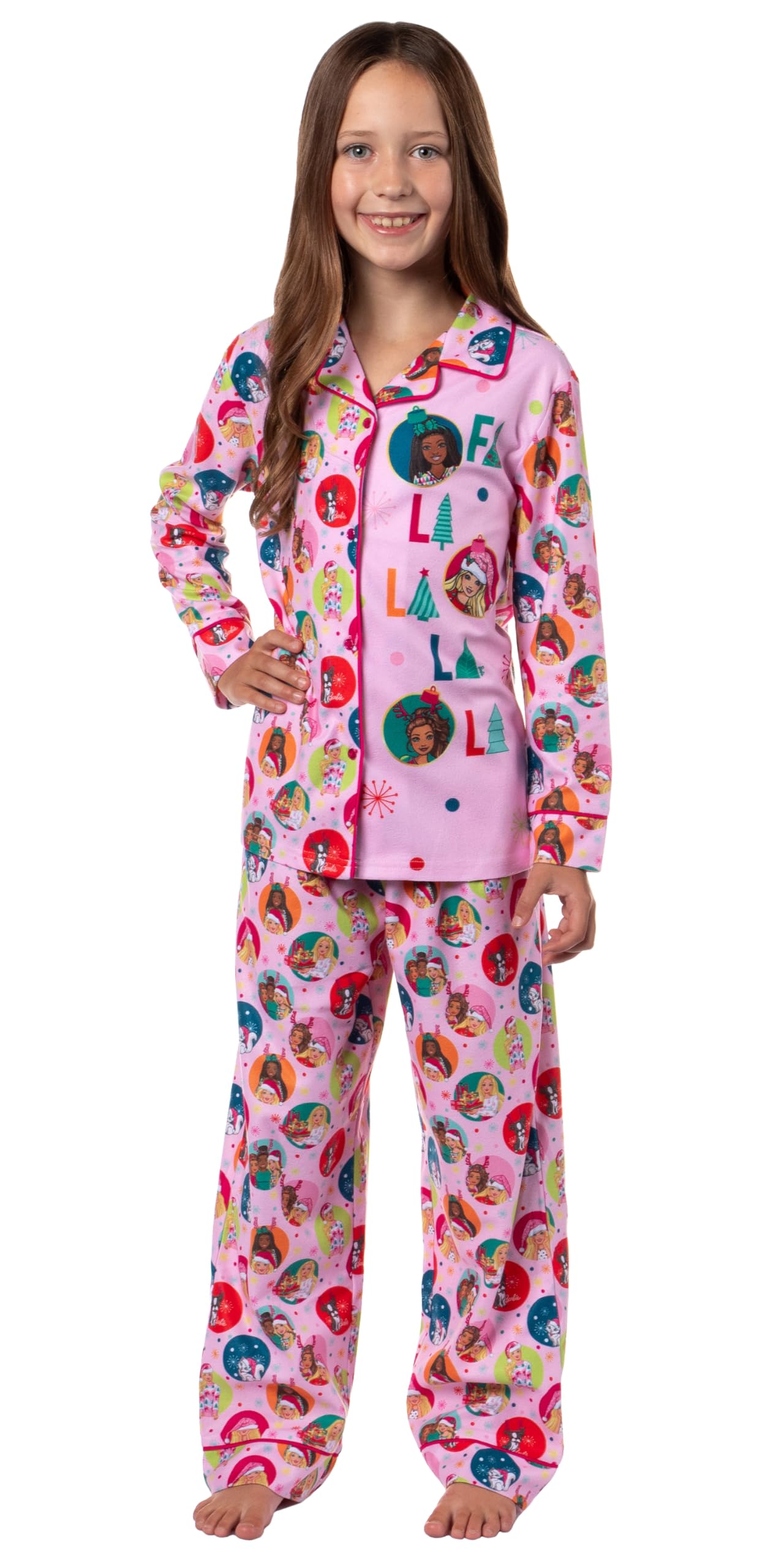 INTIMO Barbie Girls Christmas Characters FALALALA Santa Snowflake Sleep Pajama Set, Pink, 6
