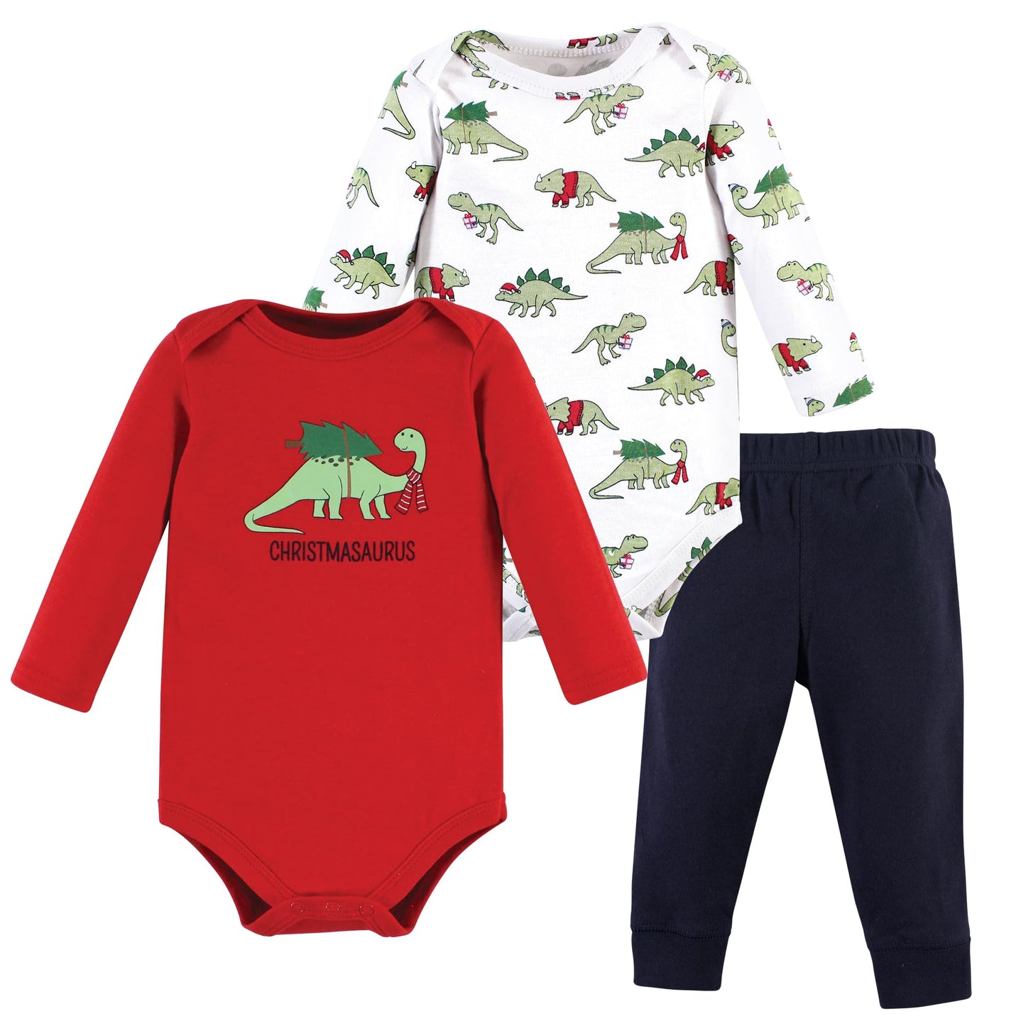 Hudson Baby Unisex Baby Long-Sleeve Bodysuits and Pants, Christmasaurus, 0-3 Months