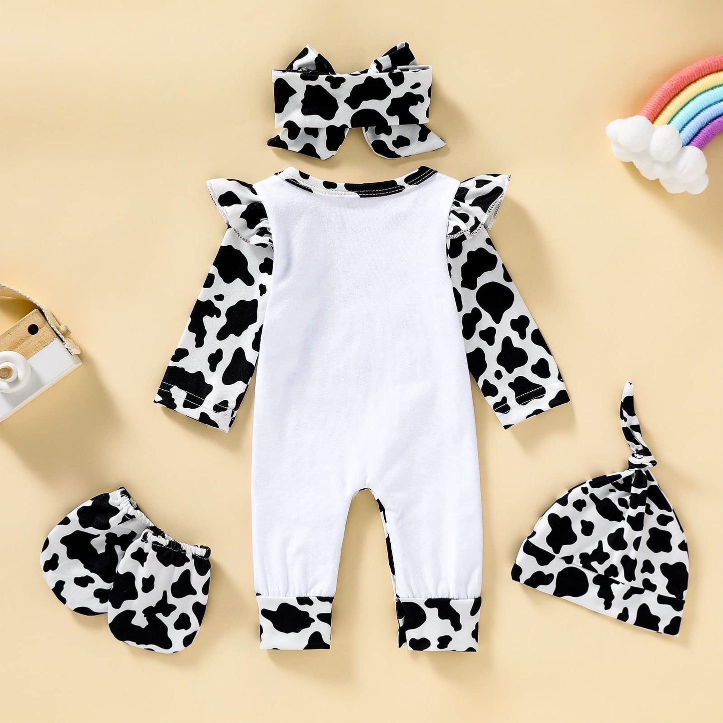 Grnshts Newborn Baby Girl Romper Infant Letter Print Bodysuit Cow Jumpsuit+Hat+Headband+Gloves Coming Home Clothes Outfit 3-6 Mo