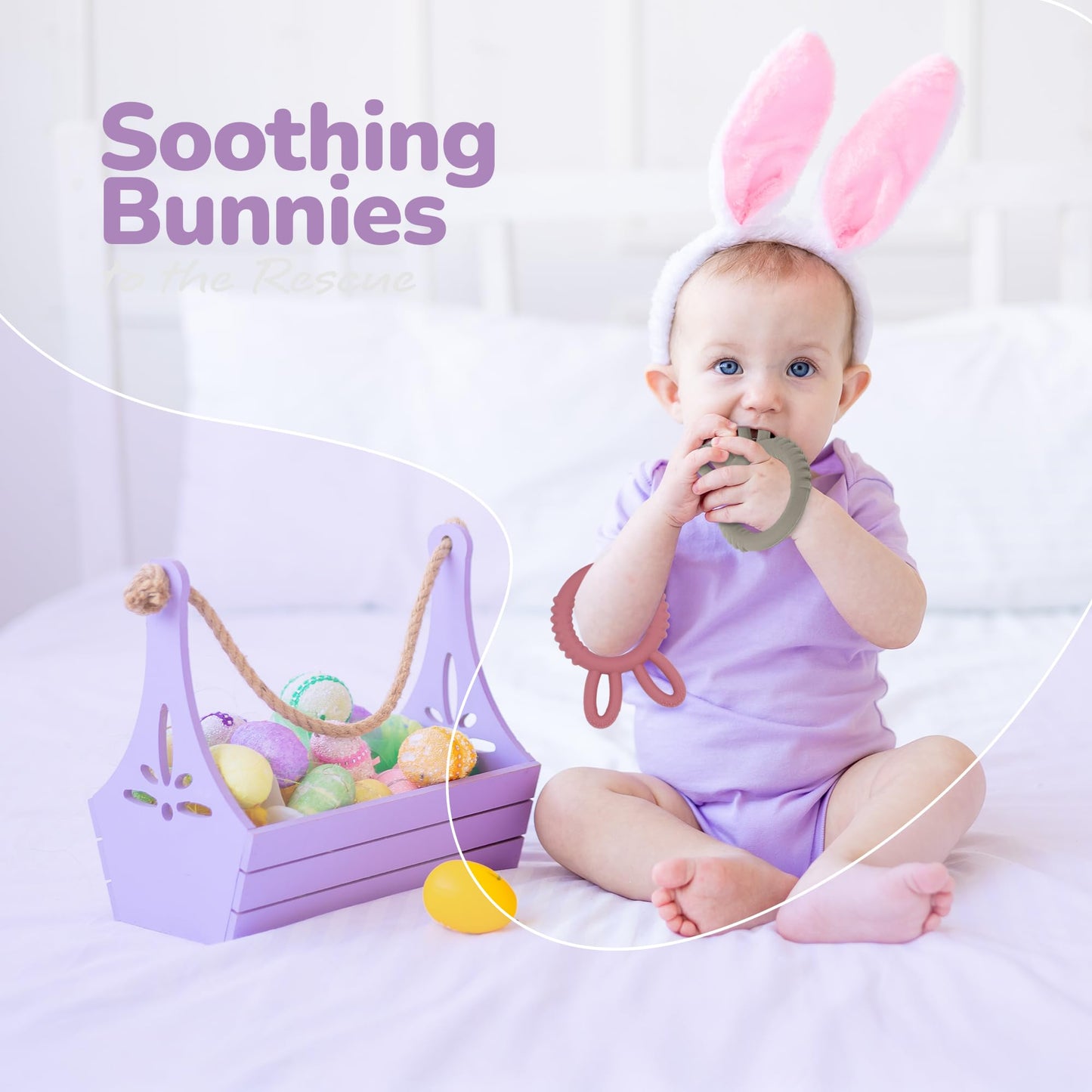 Artcreativity Bunny Teethers For Baby - Set Of 2 Teething Rings - Silicone Baby Teething Toys - Easter Basket Stuffers For Babie