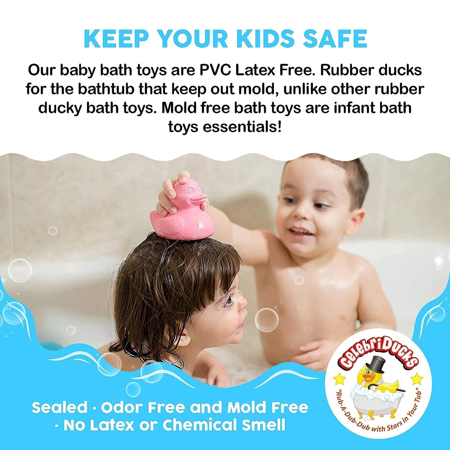Celebriducks The Good Duck - BPA & PVC Free Rubber Duckie Baby Bath Toy Teether - Baby Blue