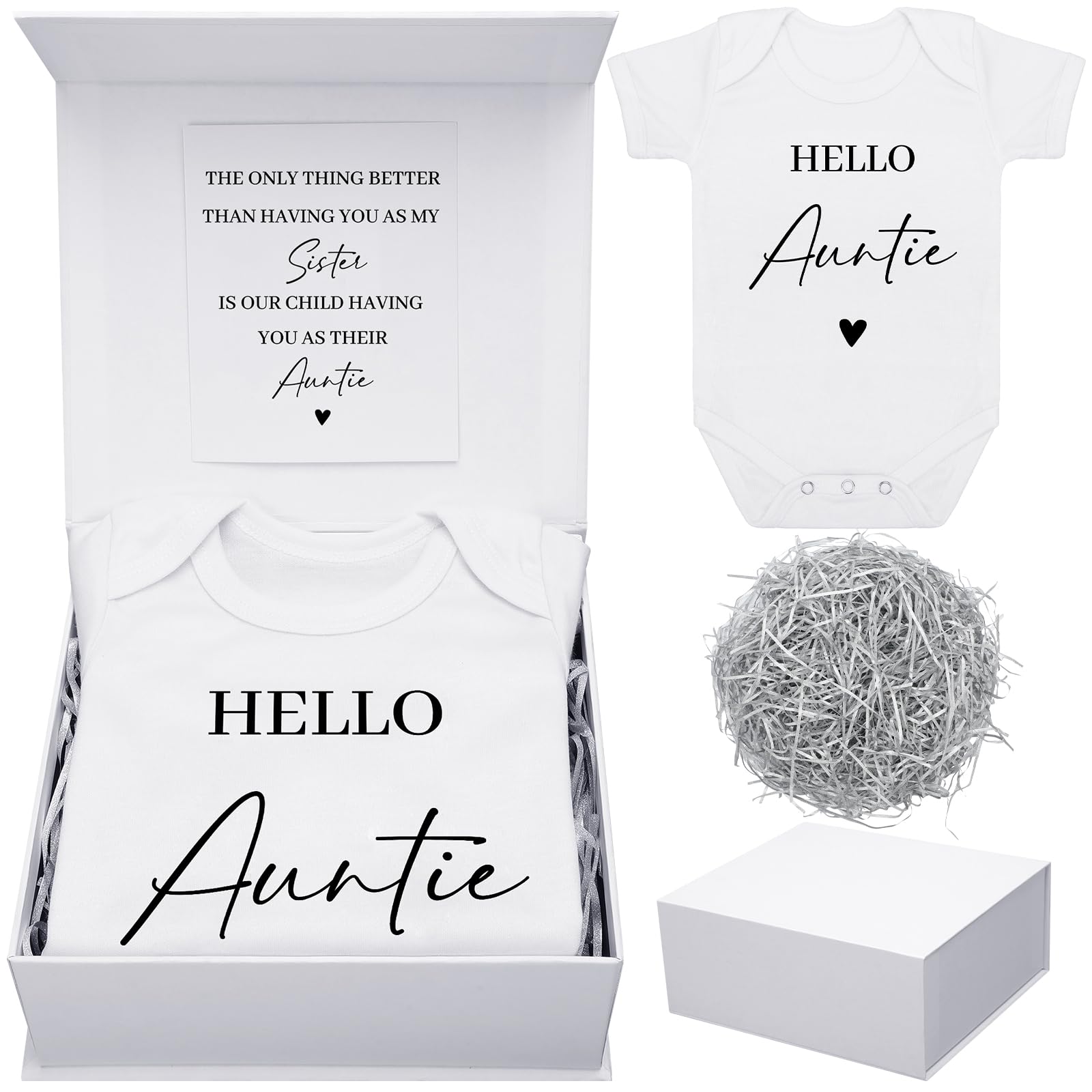 Shyyween 4 Pcs Pregnancy Announcement for Aunt, Hello Auntie Baby Bodysuit, Hello Auntie Pregnancy Reveal Card Baby Reveal Gift 