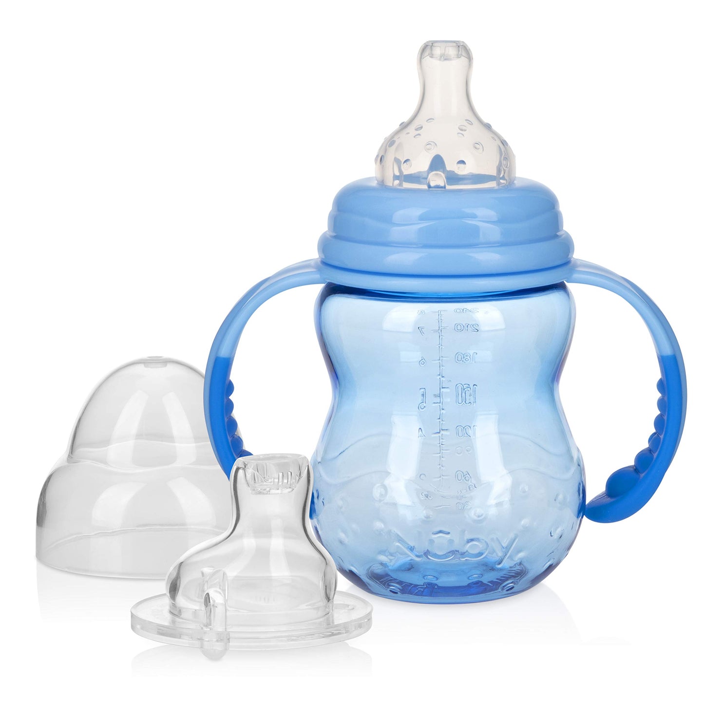 Nuby 3 Stage Tritan Wide Neck Grow With Me No-Spill Bottle To Cup, Blue, 8 Oz