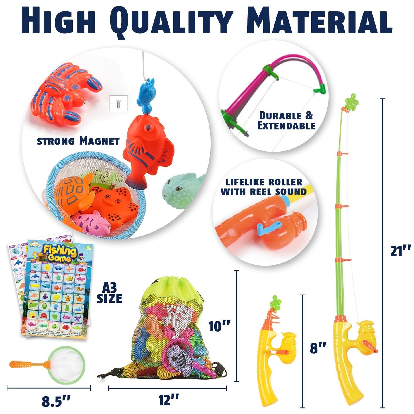 CozyBomB Magnetic Fishing Toys Game Set for Kids | Water Table Bathtub Kiddie Pool Party & Pole Rod Net, Plastic Floating Fish T