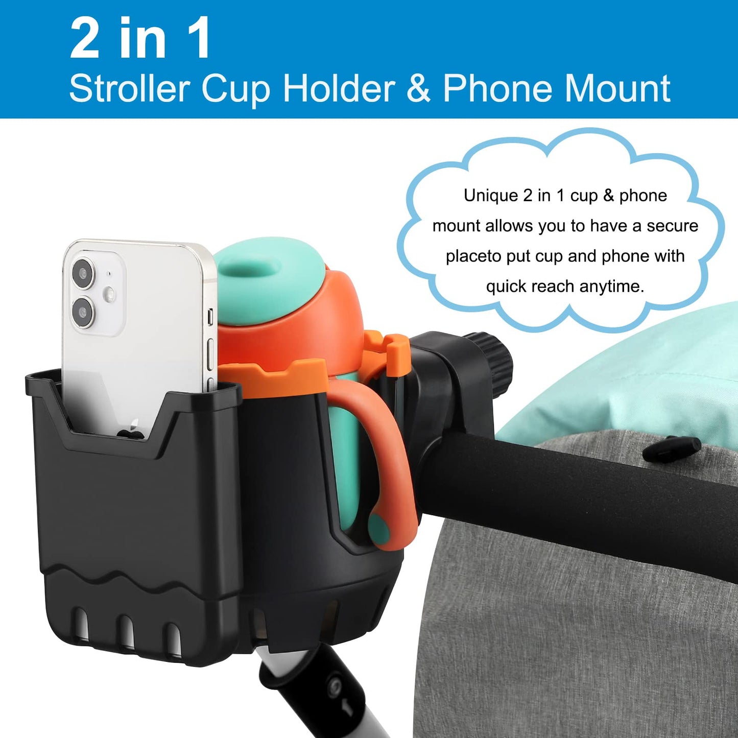 Accmor Stroller Cup Holder With Phone Holder, Bike Cup Holder, 2-In-1 Universal Cup Phone Drinks Holder For Stroller Walker Whee