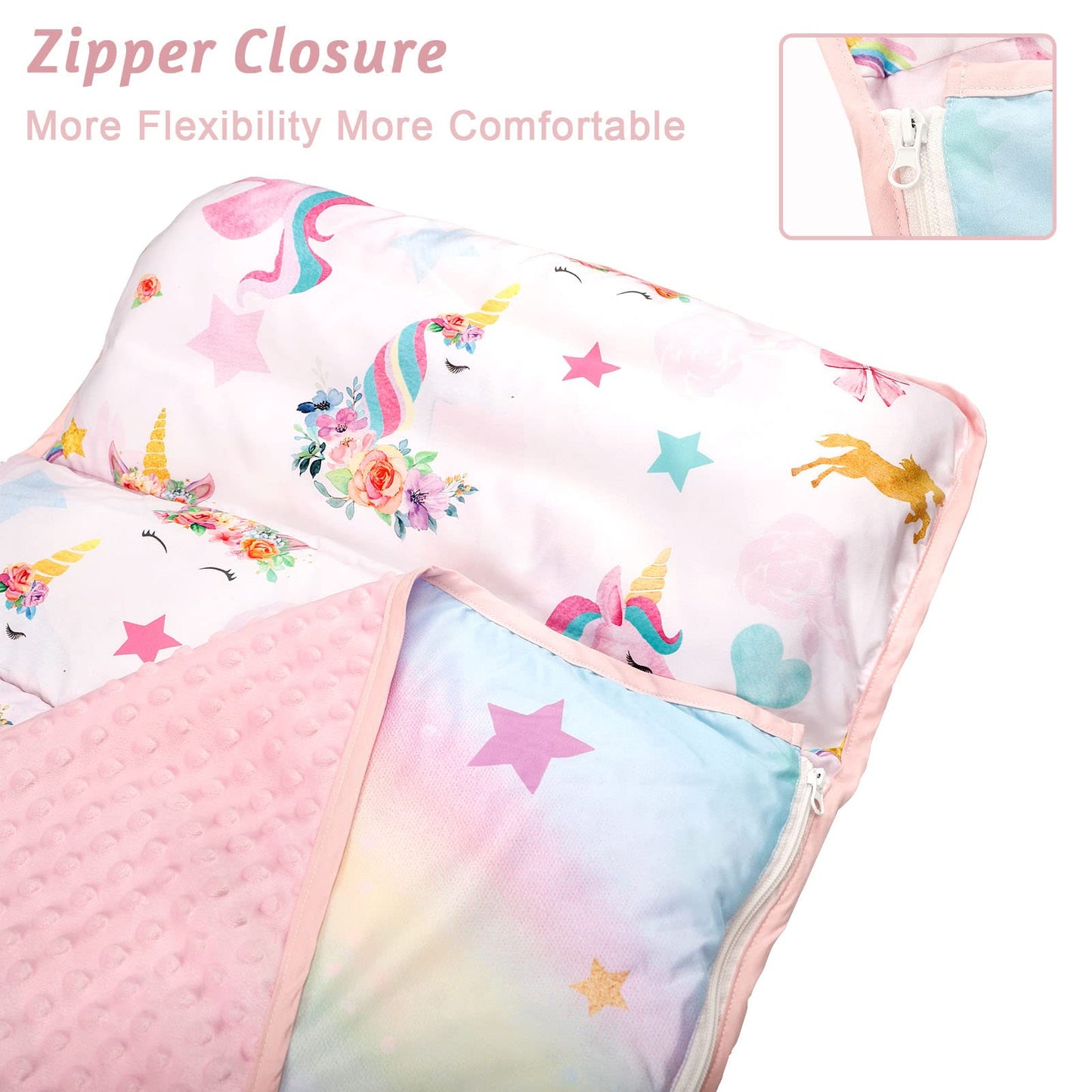 Toddler Nap Mat With Removable Pillow And Soft Dot Minky Blanket Pea Pod Kids Unicorn Napping Mats, Extra Large Rolled Slumber B