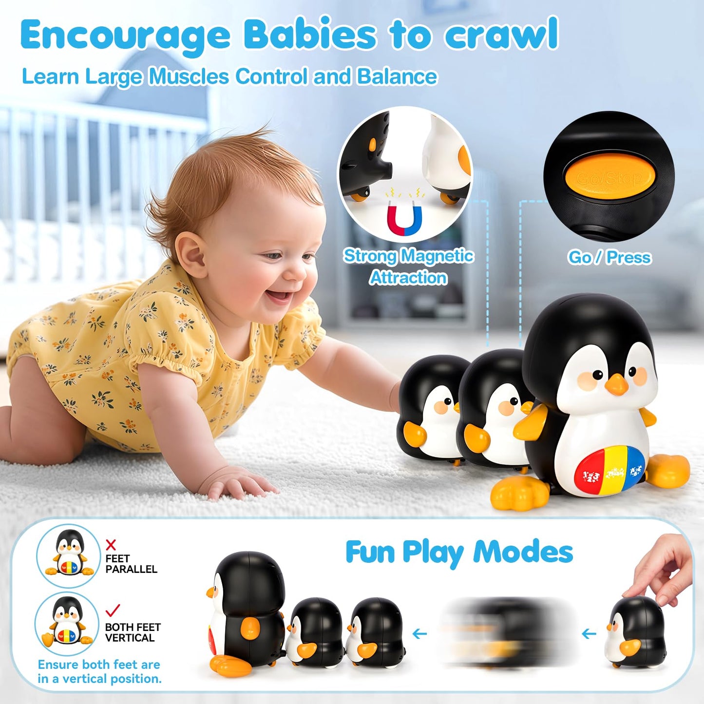 Baby Toys 6-12 Months, Musical Penguins Crawling Infant Toys, Early Learning Toy for Tummy Time with Light & Sound, Birthday Gif
