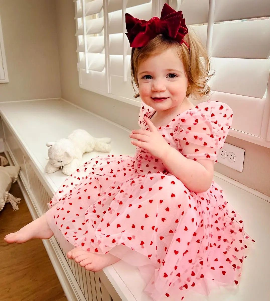 Sister Matching Clothes Baby Girls Valentines Day Romper Dress Heart Print Puff Sleeve Tulle Dress Birthday Outfits (Pink C,18-2