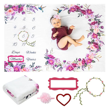 SNOWIE SOFT Floral Baby Milestone Blanket with Watercolor Peony & Rose Garden Design, 112 Months Monthly Marker with Frames & Wr