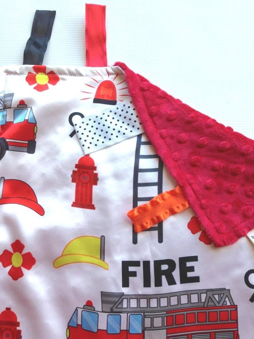 Baby Sensory, Security & Teething Closed Ribbon Tag Lovey Blanket with Minky Dot Fabric: 14   X18    (Firefighter)