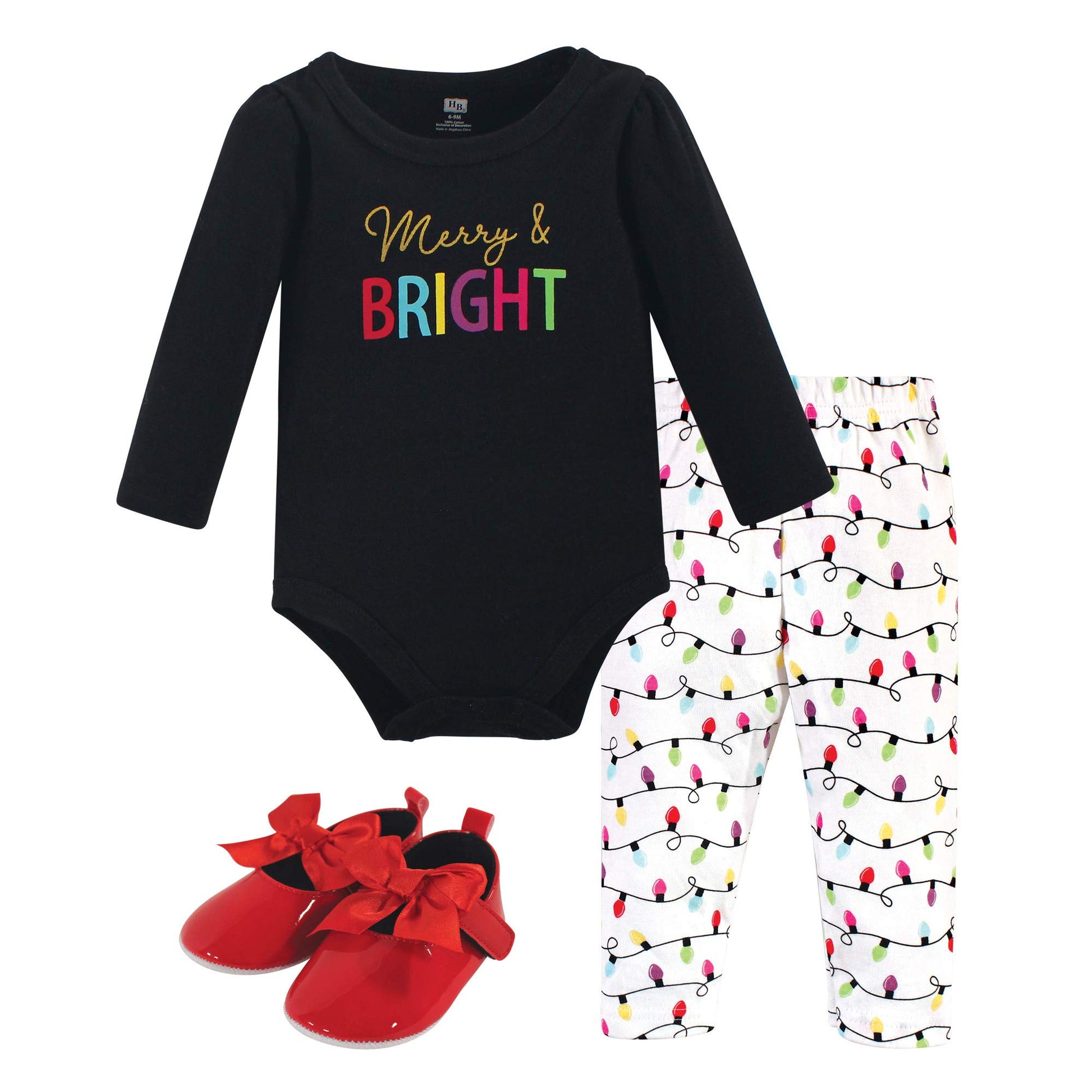 Hudson Baby Unisex Baby Cotton Bodysuit, Pant And Shoe Set, Merry & Bright, 12-18 Months