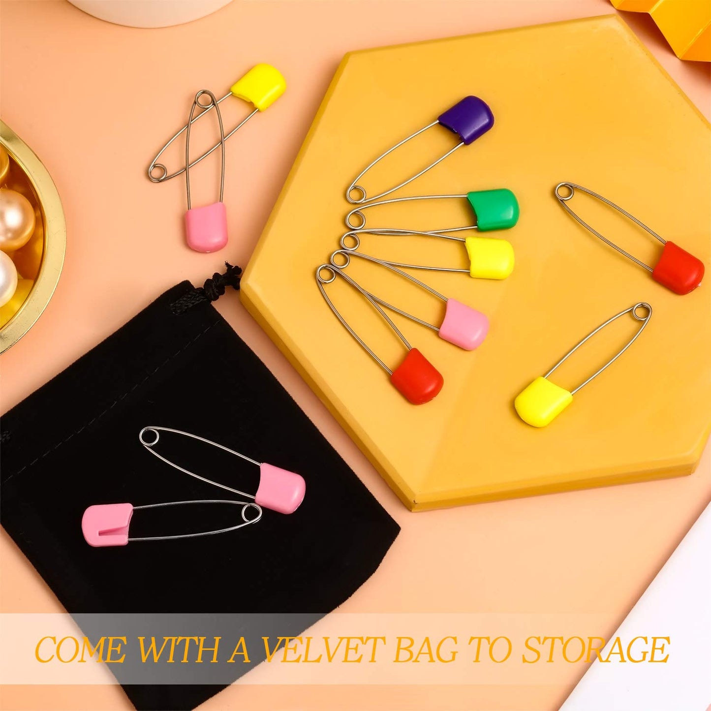 50 Pieces Diaper Pins Safety 2.2 Inch Plastic Head Cloth Diaper Nappy Pins with Locking Closures Stainless Steel with Velvet Bag