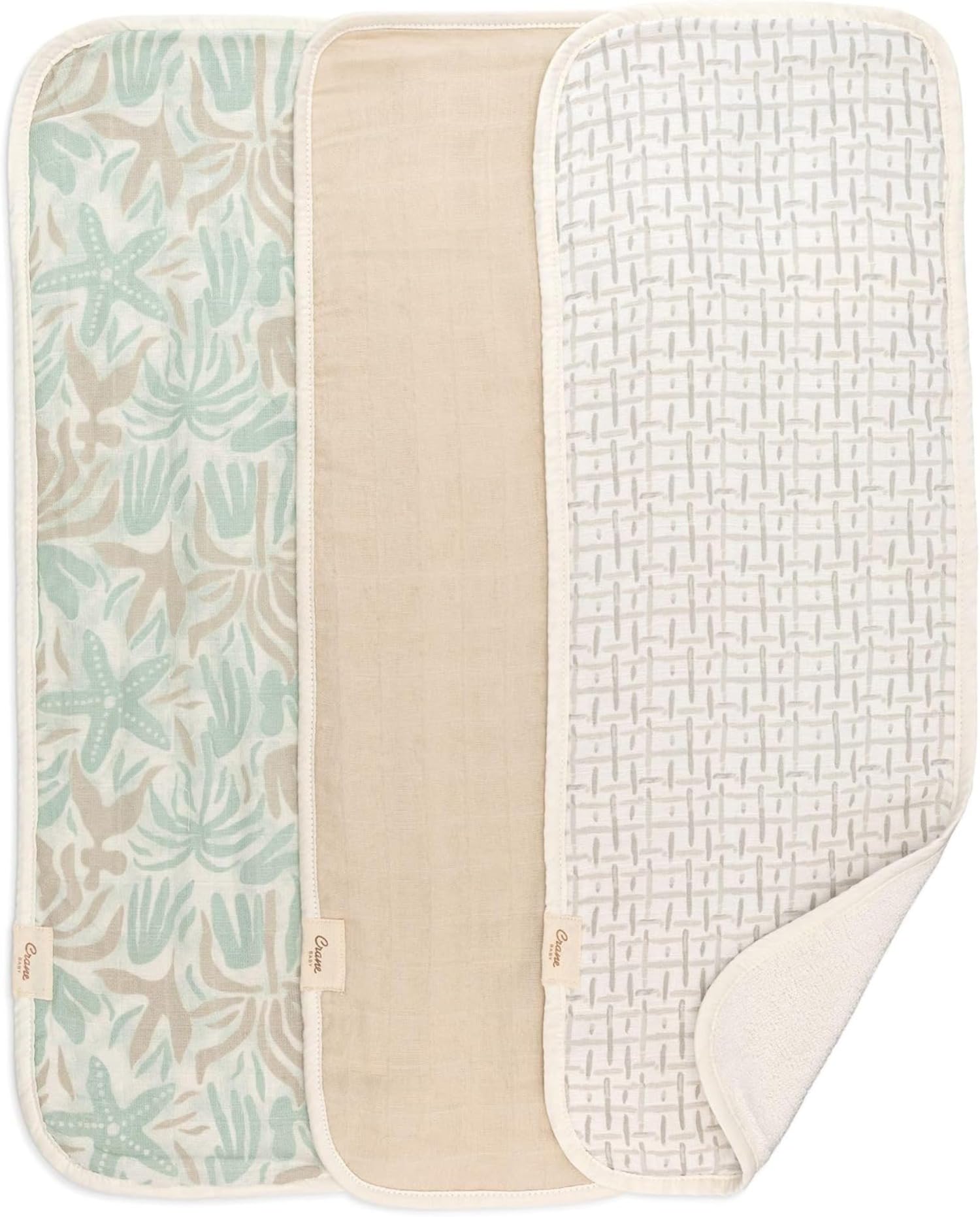 Crane Baby Muslin Baby Burp Cloths, Lightweight Absorbent Burp Cloth, Beach Life Starfish, Set of 3, 7    x 20   , Newborn Baby 