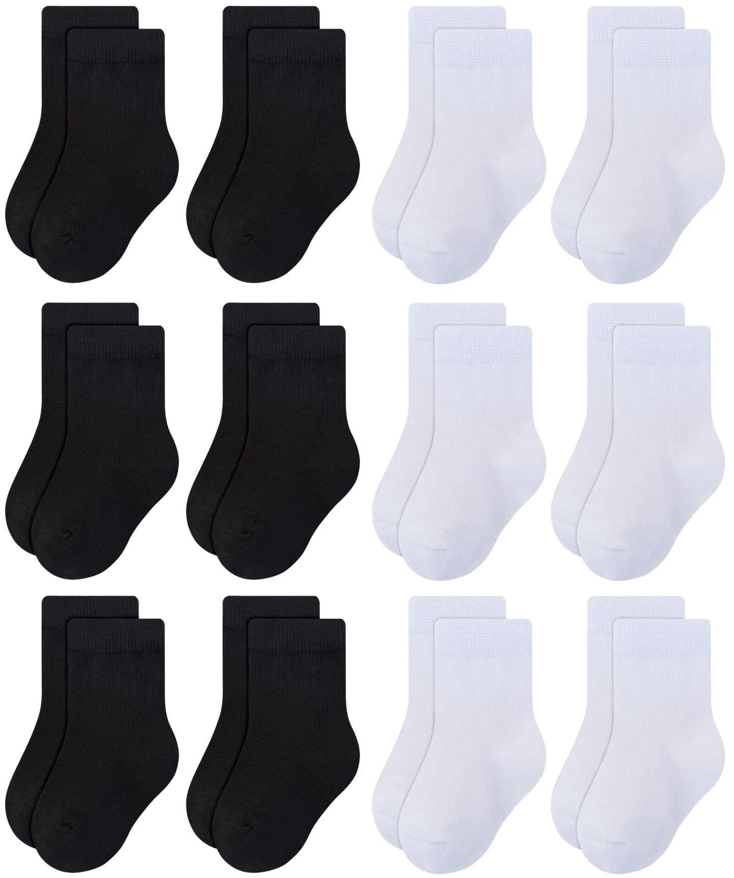 Rative 12-Pack Cotton Crew Socks For Unisex Baby Infant Toddler Kids Boys Girls(1-3T,12-Pairs/6Black+6White)