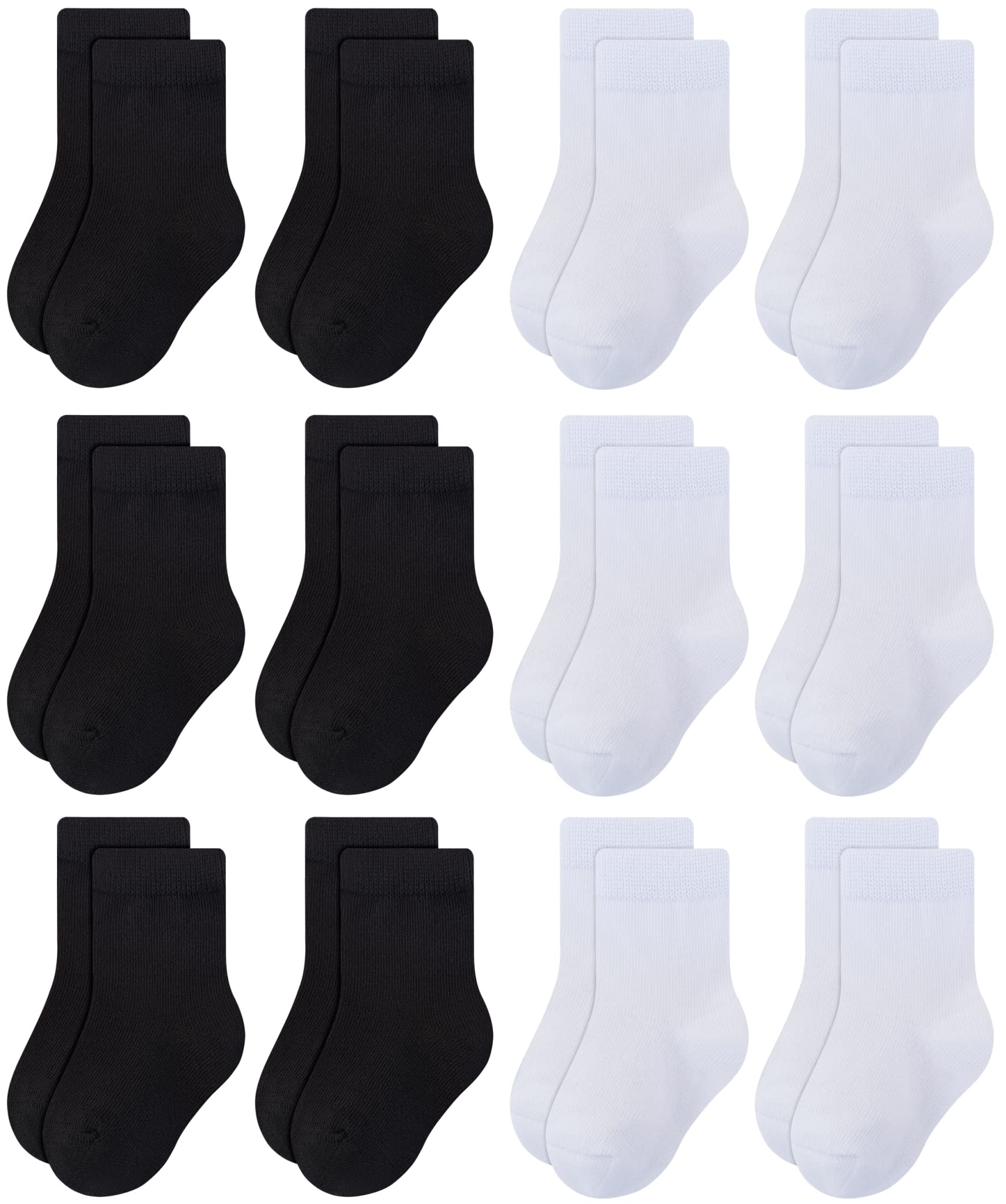 Rative 12-Pack Cotton Crew Socks For Unisex Baby Infant Toddler Kids Boys Girls(1-3T,12-Pairs/6Black+6White)