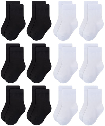 Rative 12-Pack Cotton Crew Socks For Unisex Baby Infant Toddler Kids Boys Girls(1-3T,12-Pairs/6Black+6White)