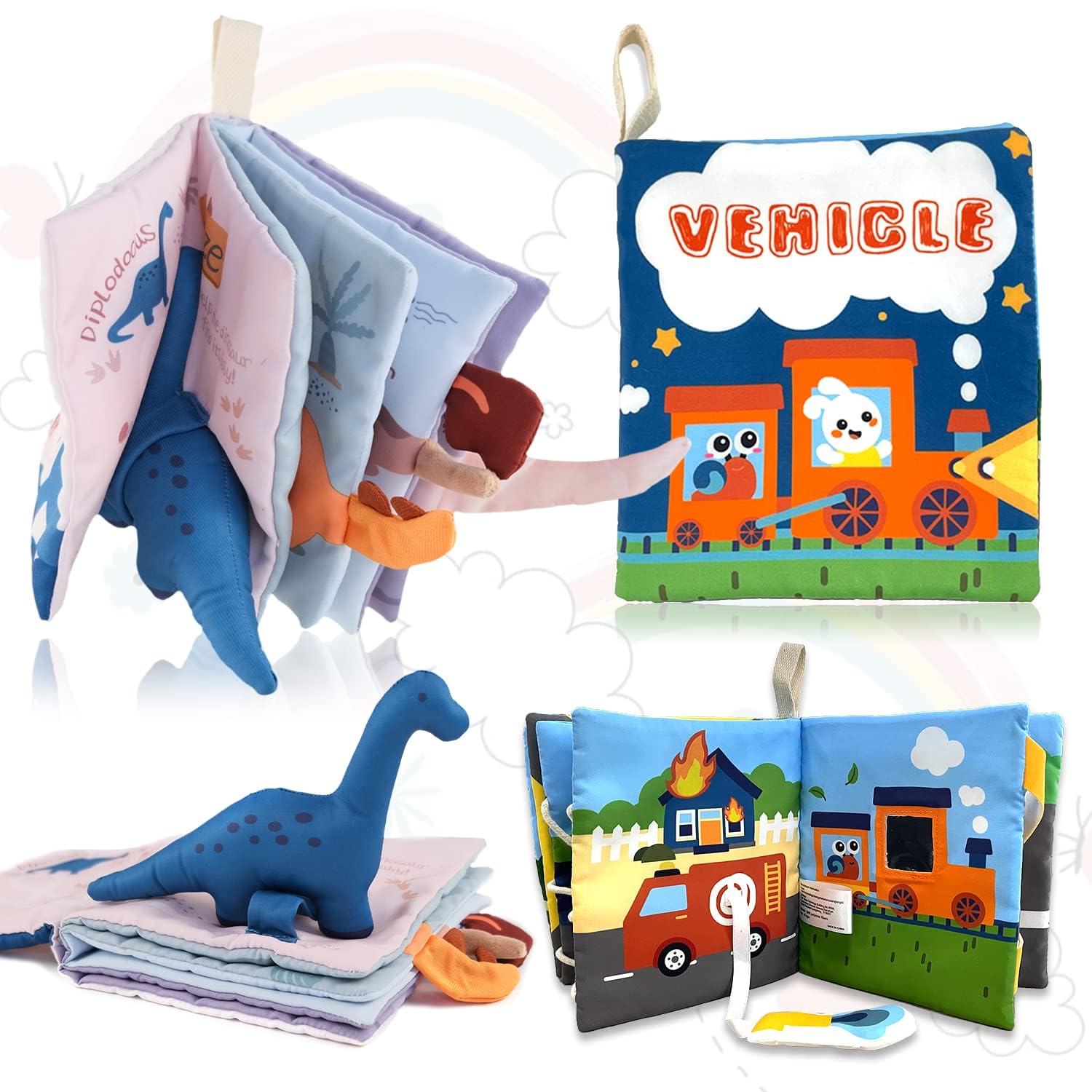 Richgv Baby Books Toys 6-12 Months, 2 Packs Interactive 3D Baby Cloth Books, Newborn Toys Gifts, Touch and Feel Crinkle Books, M