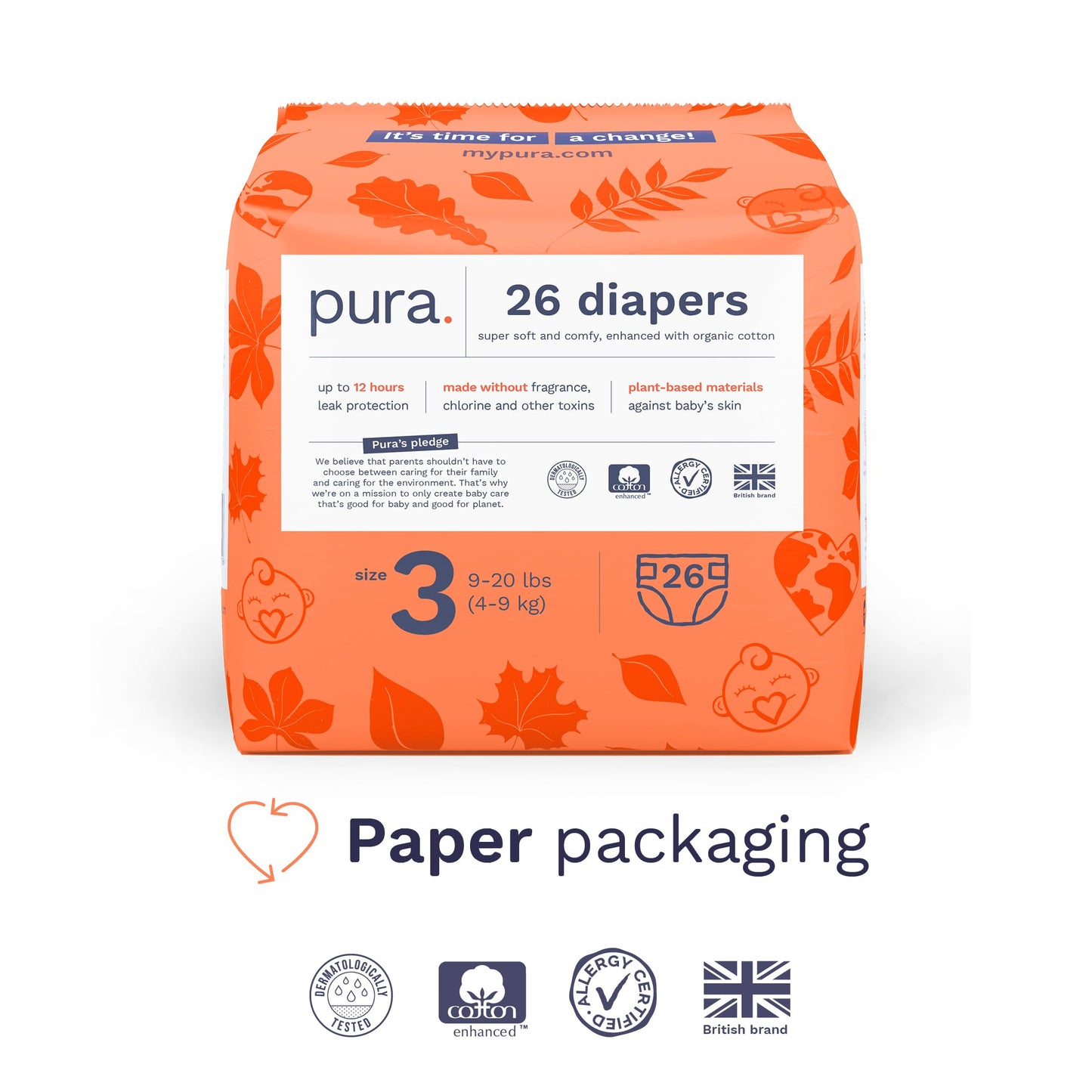 Pura Size 3 Eco-Friendly Diapers (9-20 Lbs) Totally Chlorine Free (Tcf) Hypoallergenic, Soft Organic Cotton, Sustainable, Up To
