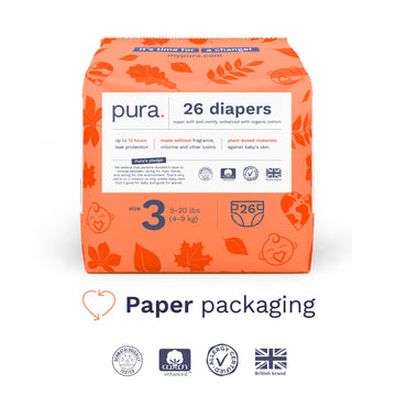 Pura Size 3 Eco-Friendly Diapers (9-20 Lbs) Totally Chlorine Free (Tcf) Hypoallergenic, Soft Organic Cotton, Sustainable, Up To