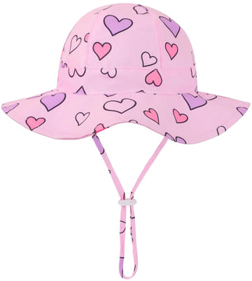 Baby Girl Sun Hat Infant Summer Beach Hats With Upf 50+ Toddler With Wide Brim Strap Outdoor Bucket Hat Pink Heart 0-6 Months