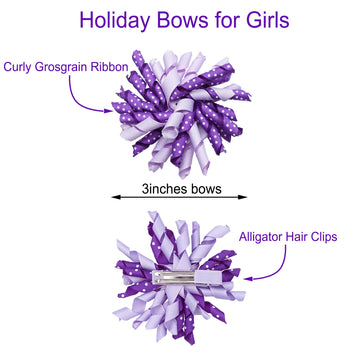 Yxiang 2Pcs Purple Korker Bows For Girls 3'' Curly Bow Hair Clip Ribbon Ponytail Bows Alligator Clip Hair Barrette For Girls Tod
