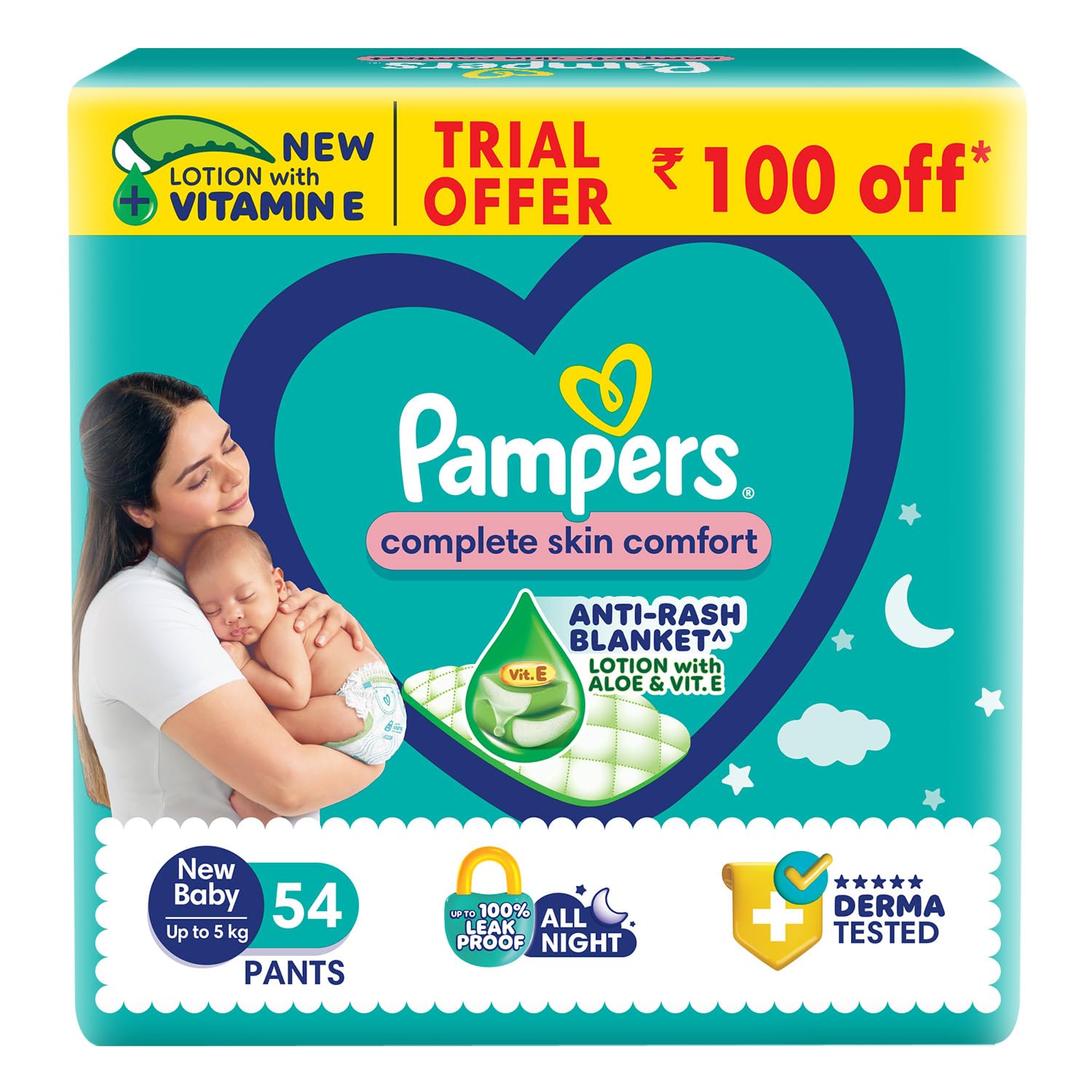 Pampers Complete Skin Comfort Pants,(Nb/Xs), 54 Count, AntiRash Blanket, Lotion With Vitamin E & Aloe Vera, New Born/XSmall, U