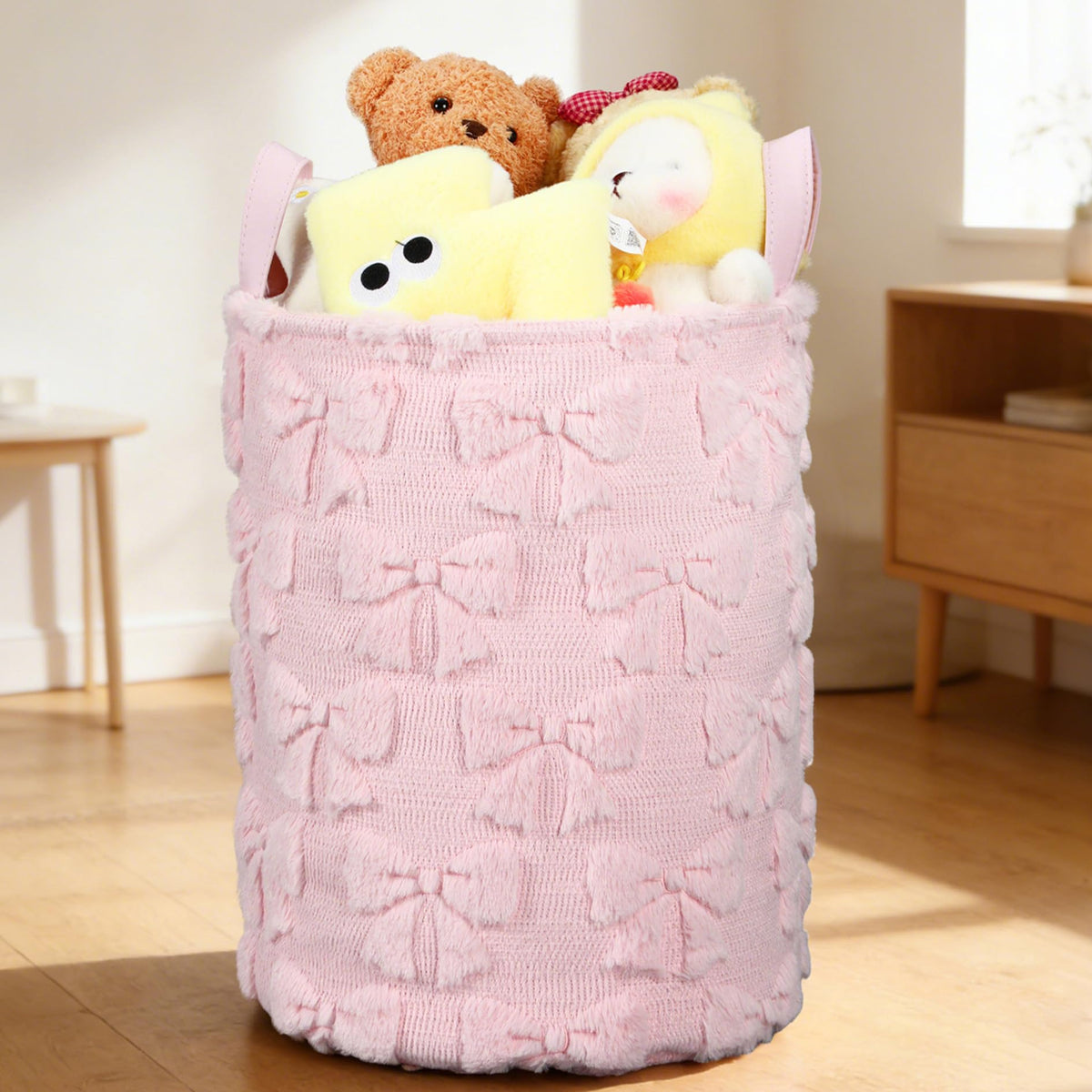 Yiyiring Coquette Pink Bow Laundry Basket 18 x 14 Inch Coquette Storage Basket for Girls Nursery Hamper Foldable Fluffy Plush St