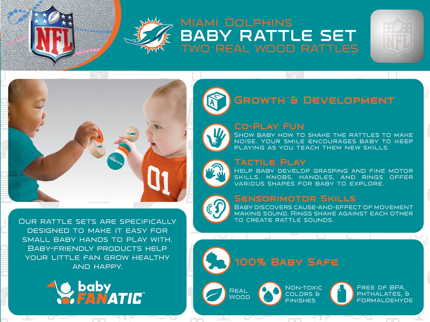 Baby Fanatic Wood Rattle 2 Pack - NFL Miami Dolphins - Officially Licensed Baby Toy Set