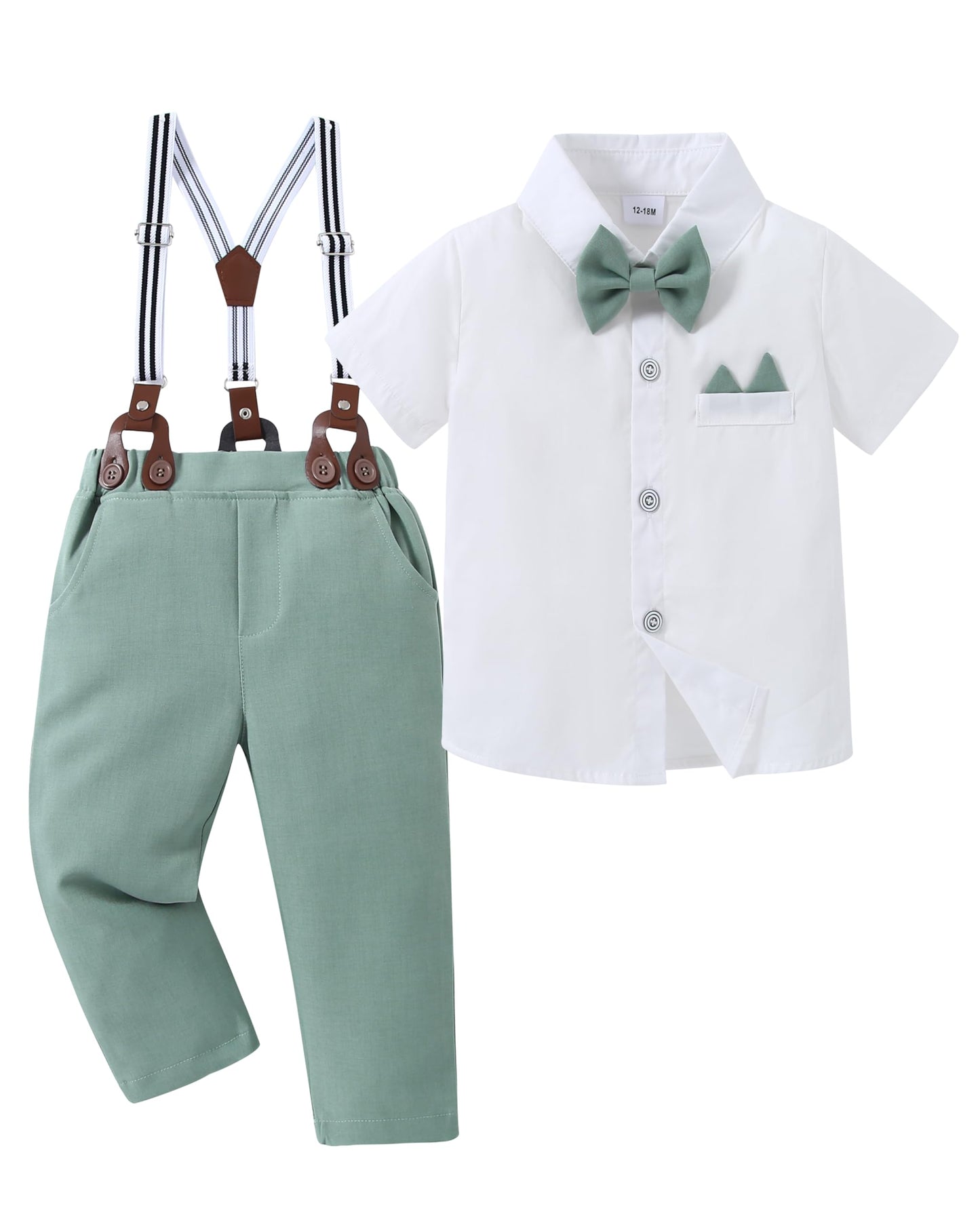 Yallet Toddler Baby Boy Clothes Suit Gentleman Wedding Outfits, Formal Dress Shirt+Bowtie+Suspender Pants(Light Green, 12-18 Mon