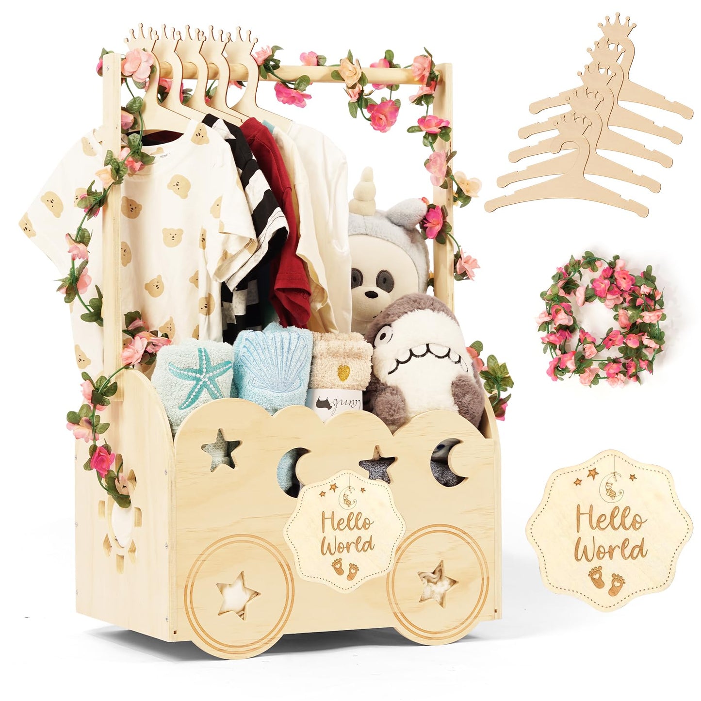 TDHZXEM Wooden Baby Shower Basket with Hanger Rack - Personalized Baby Gift, Newborn Essentials Organizer for Nursery, Welcome G