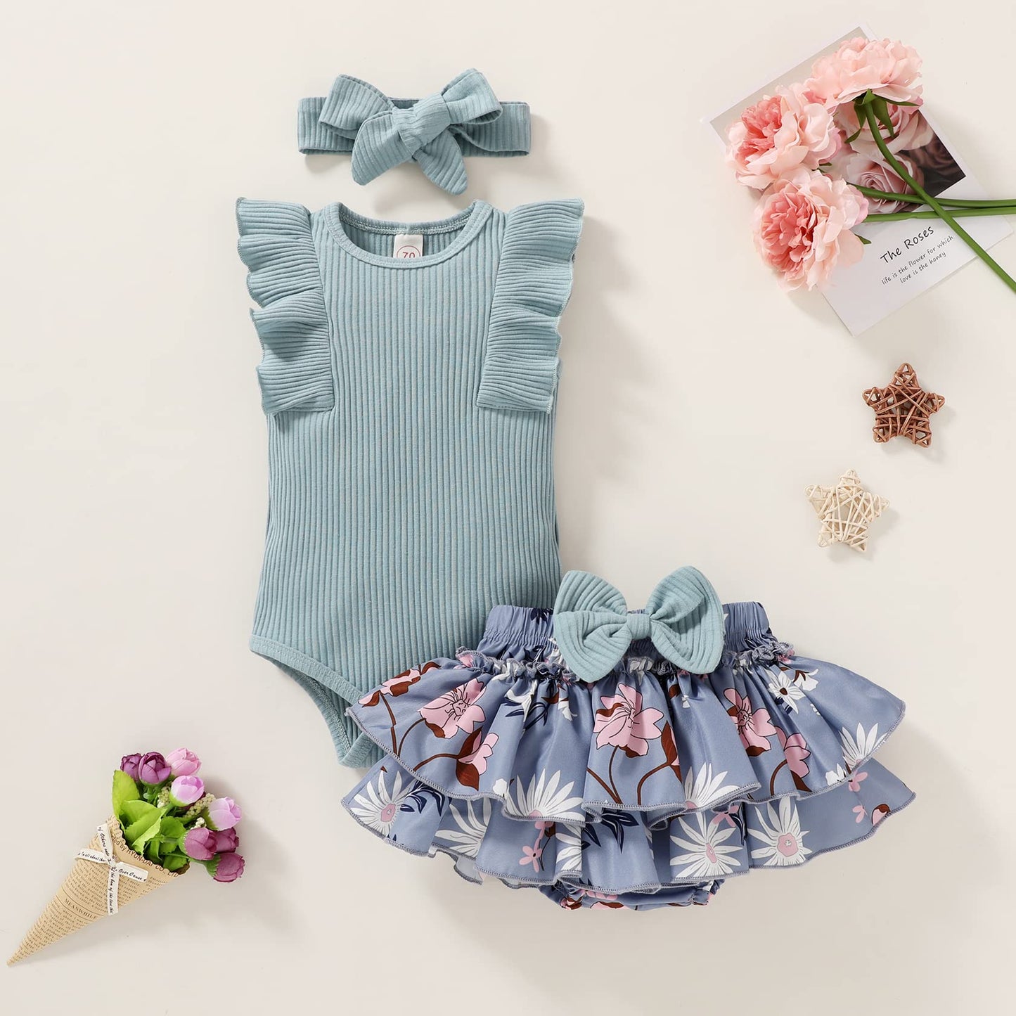 Tiny Cutey Baby Girl Clothes Infant Summer Outfits Set Ruffle Sleeve Romper And Floral Shorts With Headband (Blue Romper And Ruf