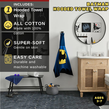 Franco Batman Kids Super Soft Bath/Pool/Beach Soft Cotton Terry Hooded Towel Wrap, 24 In X 50 In, (Officially Licensed Product)