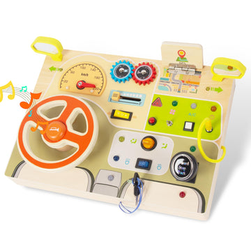 Montessori Busy Board for Toddlers Baby Busy Board Car Steering Wheel Wooden Sensory Board Travel Toys for Fine Motor Skill Gift