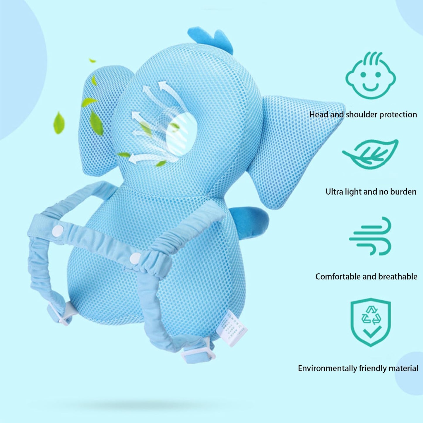 Baby Walker Head Protector Toddler Adjustable Baby Head Protection Backpack Wear Safety Pad (Green Elephant)