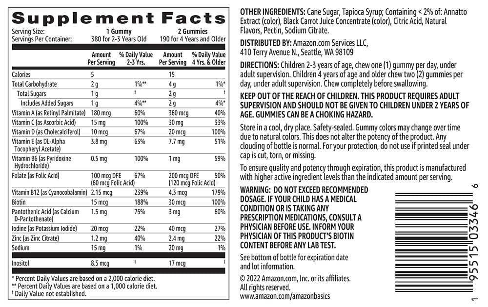Amazon Basics Kids' Multivitamin Gummies, Cherry, Strawberry & Orange, 380 Count (2 Packs Of 190) (2 Per Serving) (Previously So