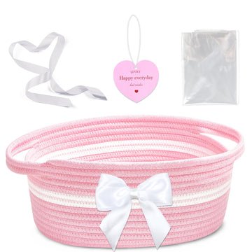 Groodo Small Woven Basket, Baby Gift Basket, 11.8 x 6.7 x 5.5 Pink Cotton Patchwork Gift Basket with Handles