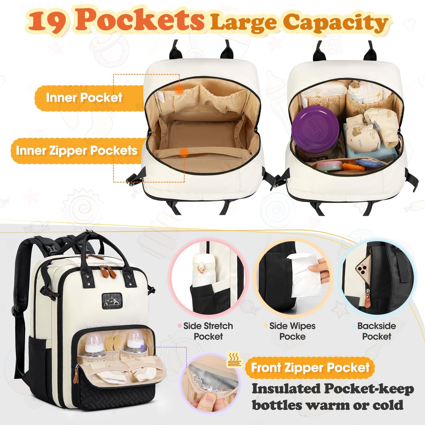 Rainsmore Diaper Bag Backpack, Large Waterproof Baby Bag With Changing Pad, Detachable Crossbody Bag & Stroller Straps Travel Di