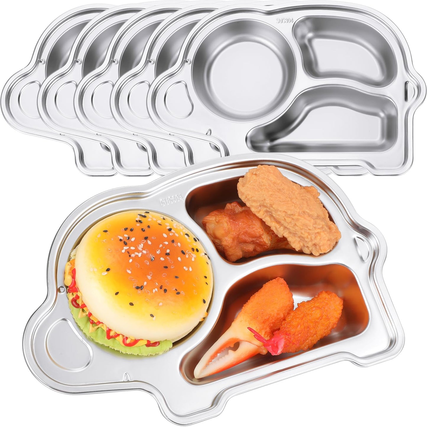 Tioncy 6 Pcs Stainless Steel Kids Plates 3 Sections Divided Unbreakable Dinner Plates Cute Elephant Shape bowls for Babies, Todd