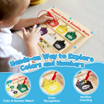 Aizweb Magnetic Color & Number Maze,Montessori Toys Wooden Magnetic Puzzle Board Color Sorting Counting Matching Toy,Toddler Lea