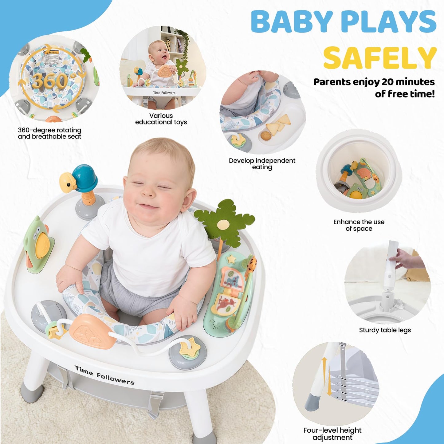 Time Followers 4-in-1 Baby Activity Center | 3 Stage Grow Stationary Standing Toddler Play Table | Tummy Time,Exersaucer, Jumper