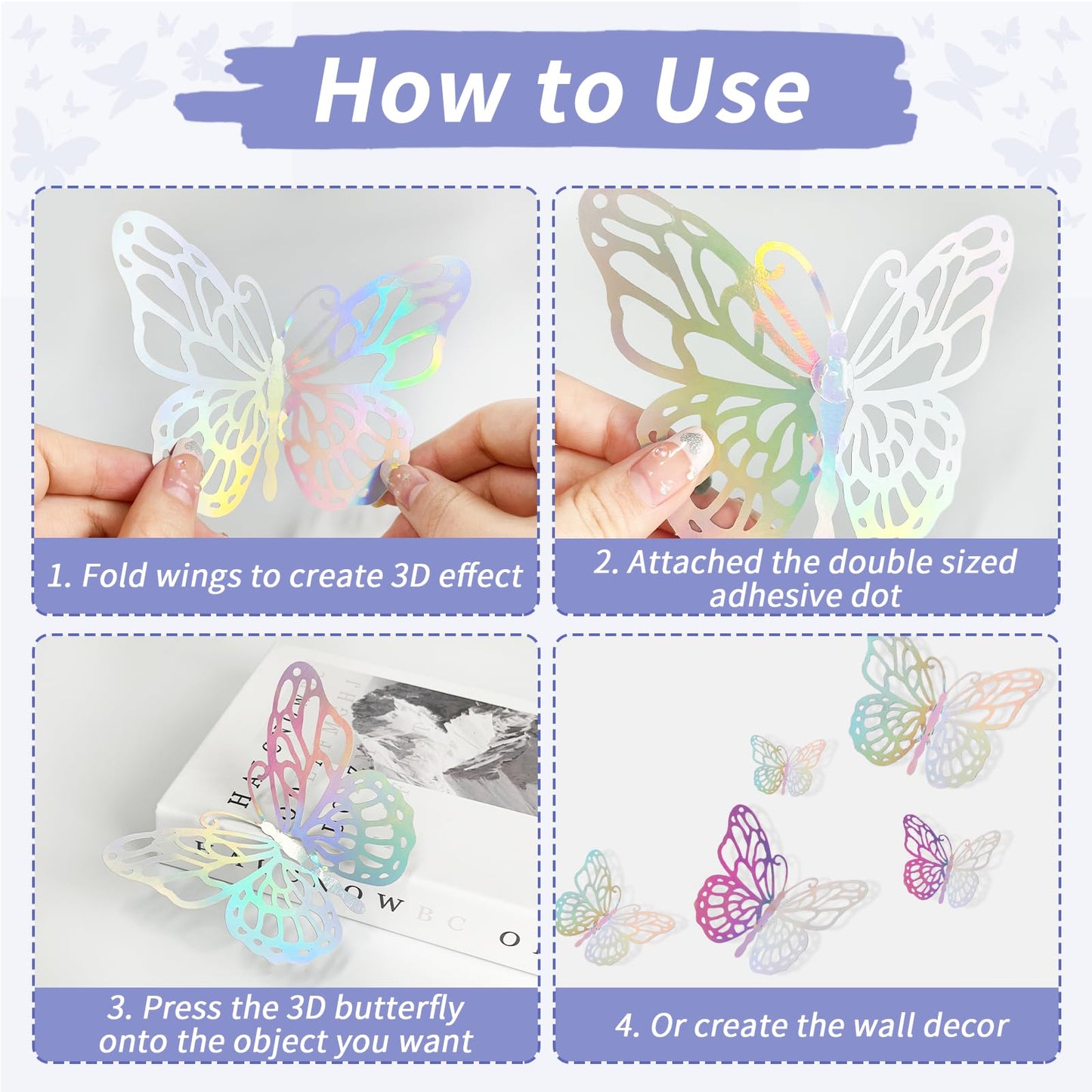72 Pcs Laser Butterfly Decorations, 3D Butterfly Decoration With 3 Styles 3 Sizes, Removable Butterfly Wall Decor Stickers (Lase