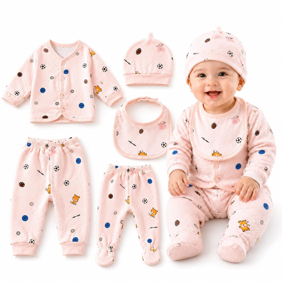 Newborn Baby Clothes Set 03 Months, 5Piece Cotton Clothing Set with Wrap Top, 2 Pants, Cap & Bib, Printed Dress for Baby Boys 