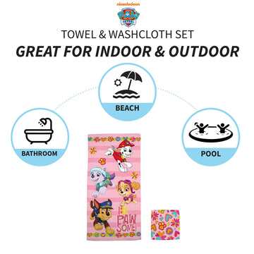 Franco Paw Patrol Girls Kids Bath/Pool/Beach Soft Absorbent Cotton Terry Towel With Washcloth 2 Piece Set, 50 In X 25 In