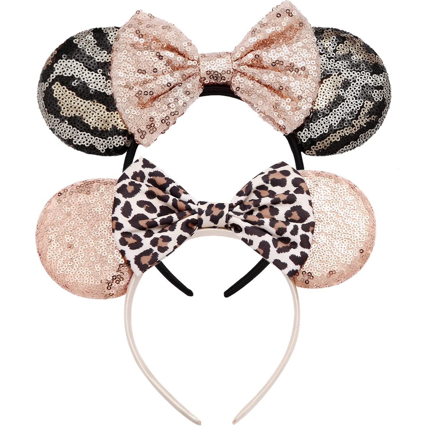 Rcjera Mouse Ears Glitter Headbands For Kids, Girls, Women - 2 Pcs Bow Headbands For Cosplay, Birthday, Christmas Parties