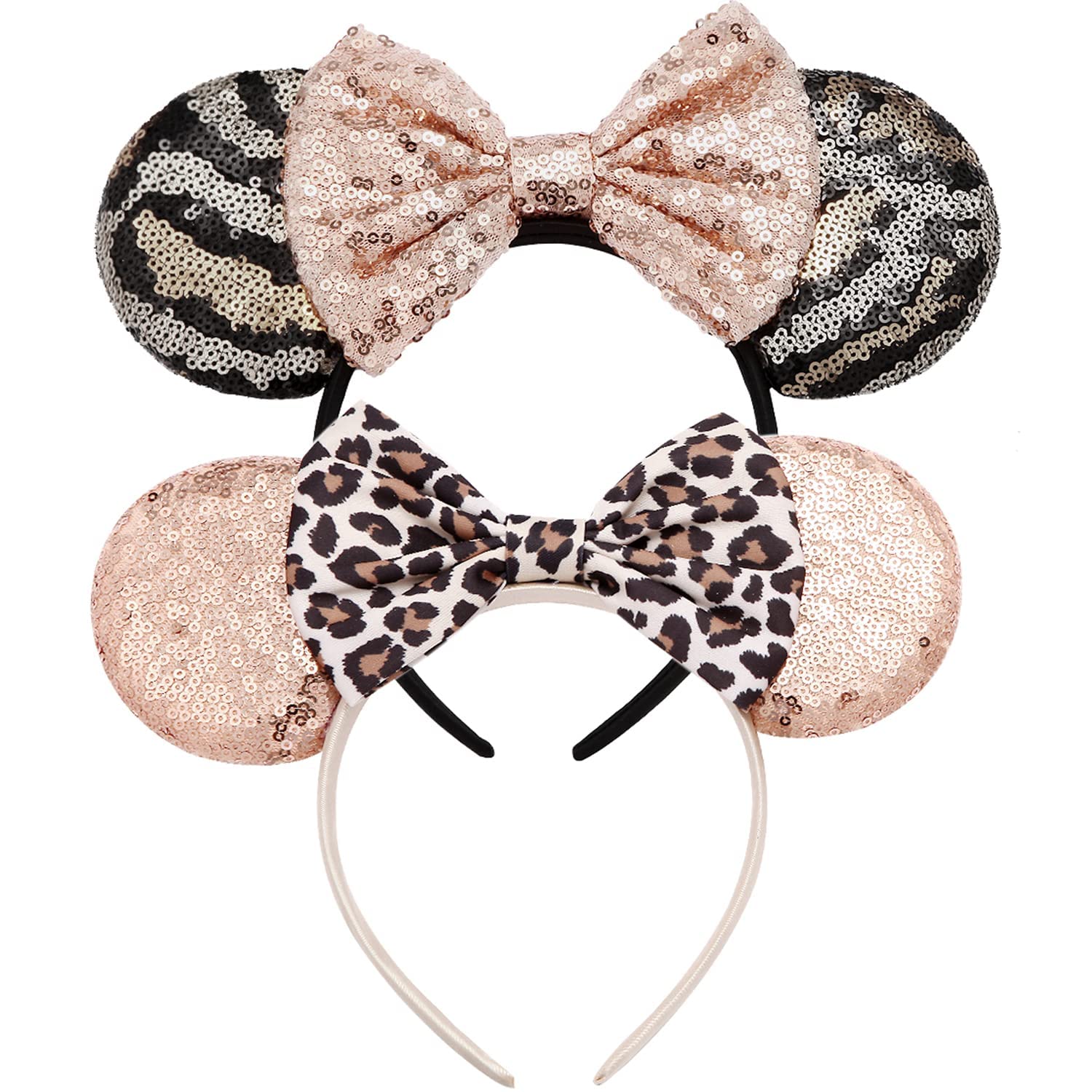 Rcjera Mouse Ears Glitter Headbands For Kids, Girls, Women - 2 Pcs Bow Headbands For Cosplay, Birthday, Christmas Parties